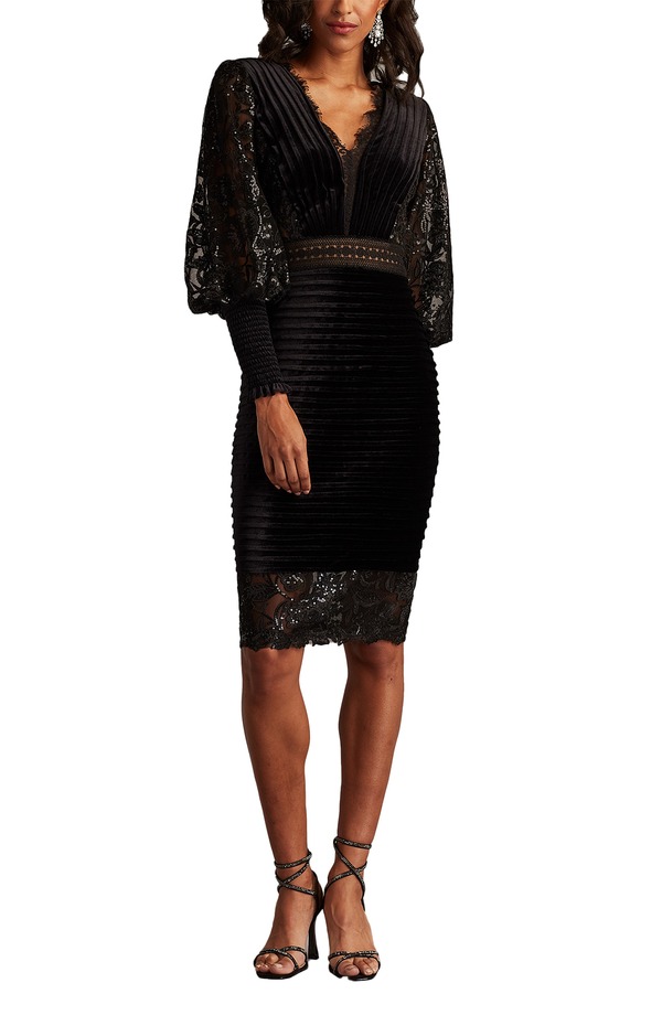 タダシショージ レディース トップス 衣装 筋目 天鵝絨 Tadashi Shoji Pleated Long Sleevelvet Cocktail Dress Black 黒いこと