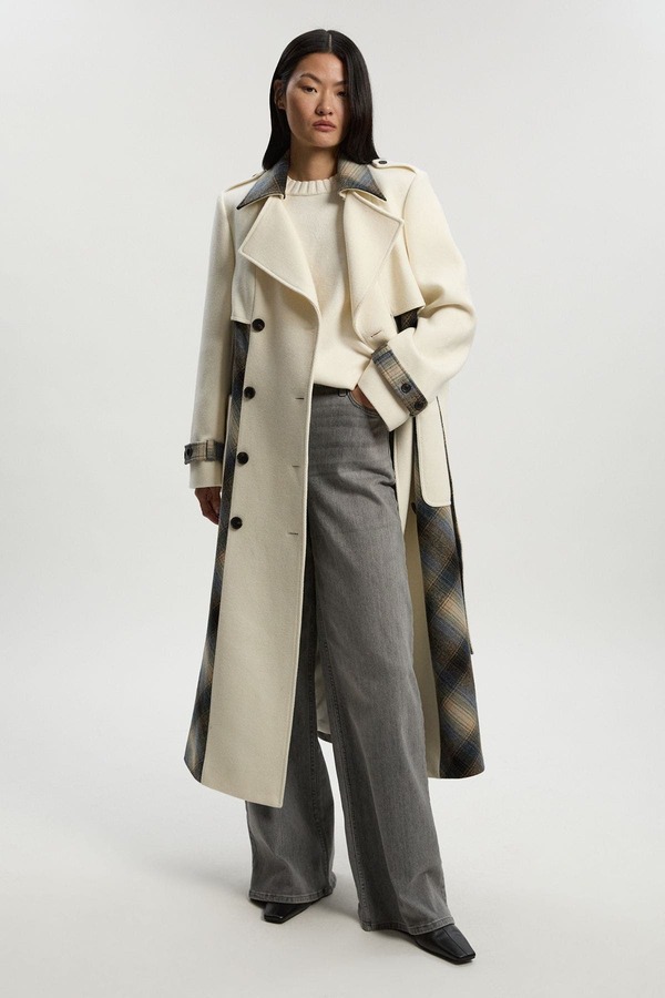 カレンミレン レディース アウター 上衣・上衣 midi 羊毛 厚地の外套 Karen Millen Wool Check Trench Midi Coat Ivory 象牙色
