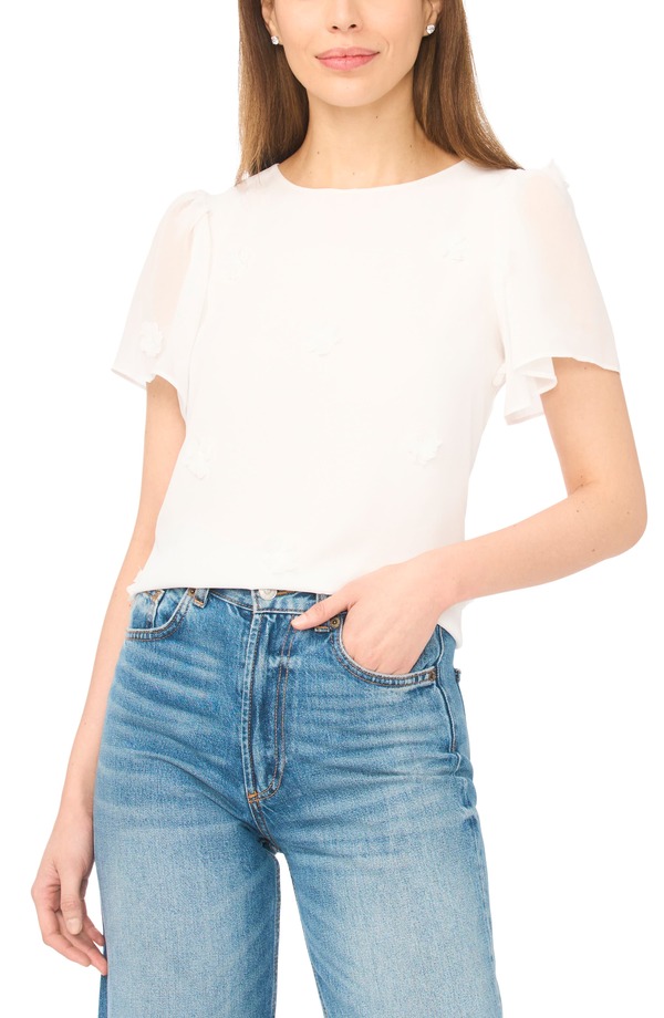 セセ レディース トップス シャツ Vネック シフォン フラワー柄 フラワー CeCe Floral Appliqu Flutter Sleeve V-Neck Chiffon Top New Ivory アイボリー｜ReVida 店