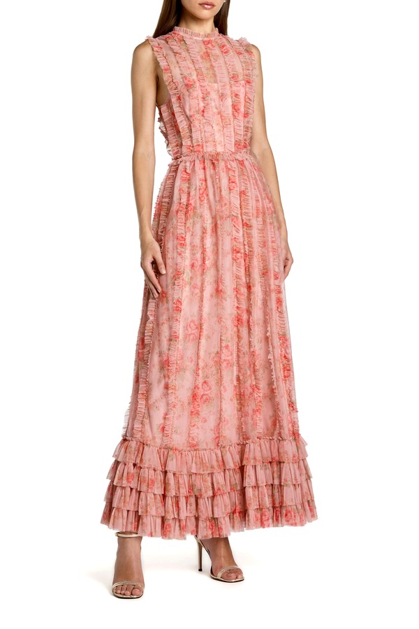 マックダガル レディース トップス 衣装 ハイネック 御花柄 フラウンス メッシュ MIDI 御花 Mac Duggal Floral Meshigh Neck Micro Ruffle Midi Dress Rose Multi マルチ色合い