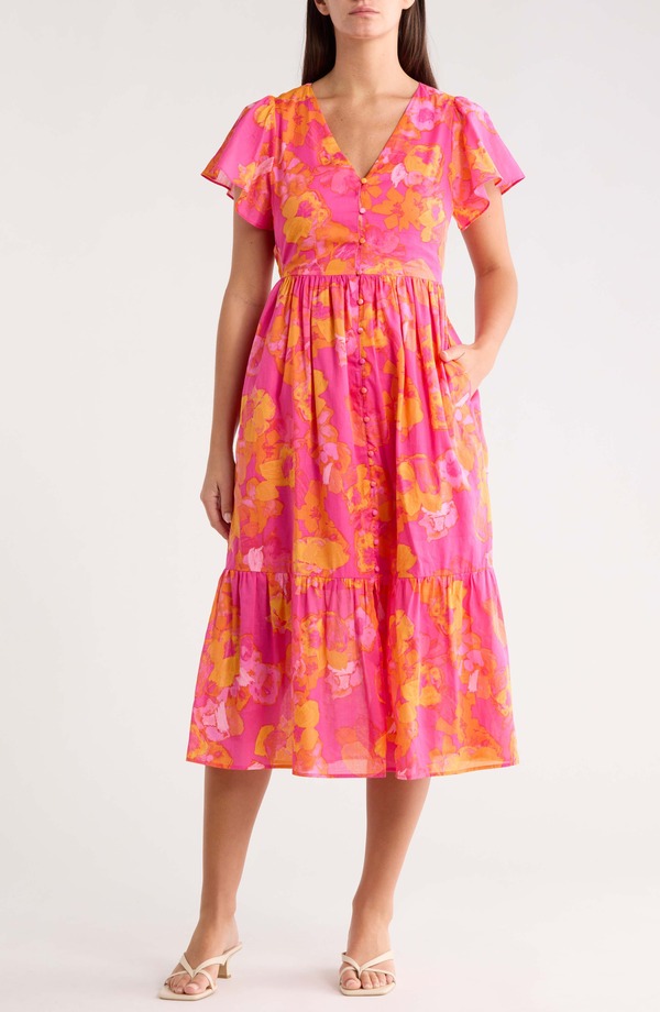 シュガーリップス レディース トップス 衣装 御花柄 midi 綿織物 御花 SUGARLIPS Elaris Floral Blissa Cotton Button-Up Midi Dress Fuchsia-Orange-Mul フューシャ