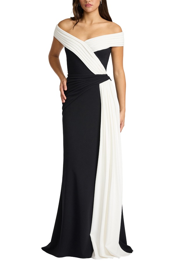 タダシショージ レディース トップス 衣装 縮緬 ドレープ Tadashi Shoji Off the Shoulder Draped Crepe Gown Black/ Ivory 象牙色