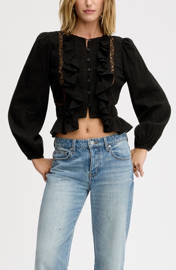サムエデルマン レディース トップス シャツ フリル コットン レース Sam Edelman Lace Inset Ruffle Cotton Button-Up Shirtrue Black ブラック|ReVida 店