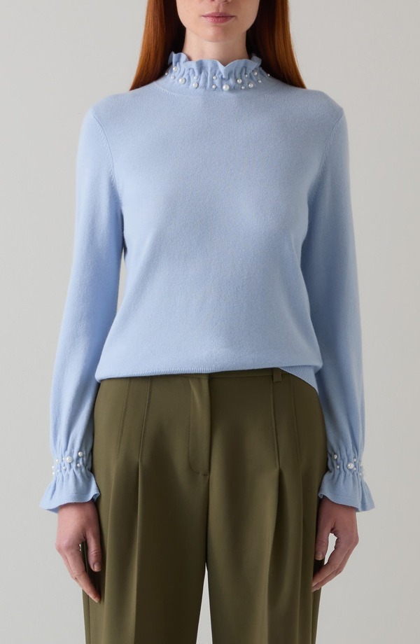エルケーベネット レディース アウター パーカー・スウェット フラウンス スウェーター LK Bennett Vera Faux Pearl Accent Ruffle Sweater Blue Multi 青色