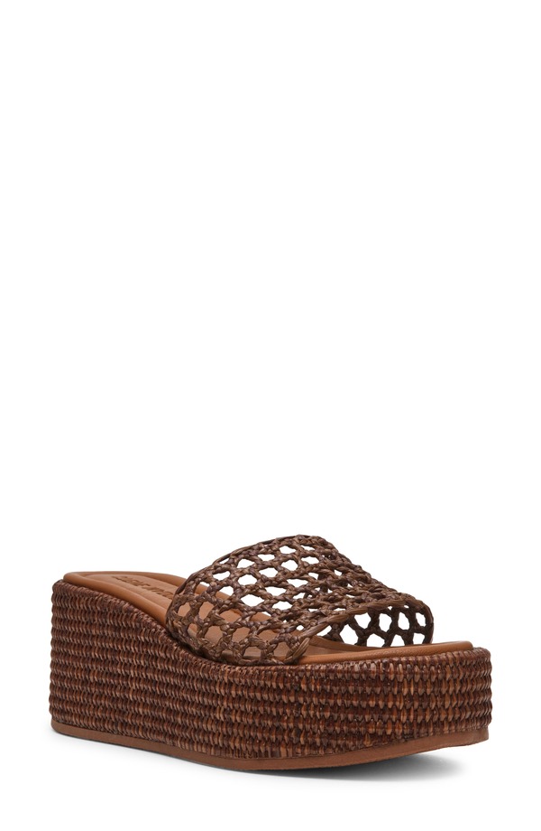 スティーブ マデン レディース シューズ 踵 プラットホーム サンダル Steve Madden Brandy Platform Wedge Slide Sandal Brown Raffia 赤銅色