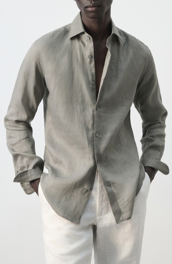 マンゴ メンズ トップス プルオーバー か細い相応う リネン MANGO Slim Fit Linen Button-Up Shirt Medium Brown 赤銅色