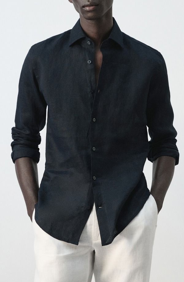 マンゴ メンズ トップス プルオーバー か細い相応う リネン MANGO Slim Fit Linen Button-Up Shirt Navy 米国海軍