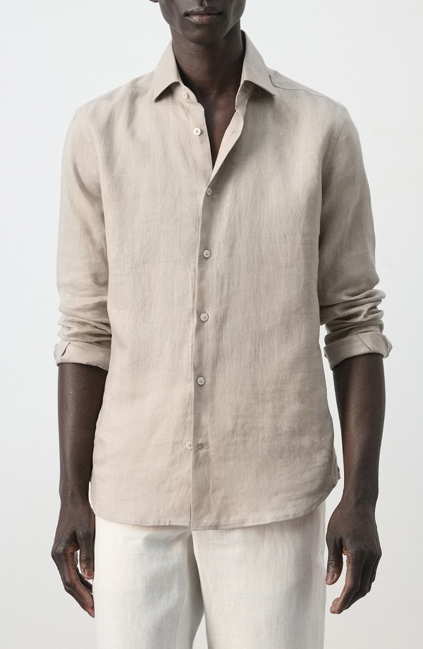 マンゴ メンズ トップス プルオーバー か細い相応う リネン MANGO Slim Fit Linen Button-Up Shirt Sand 砂子