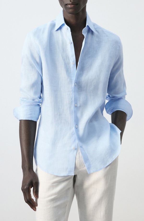 マンゴ メンズ トップス プルオーバー か細い相応う リネン MANGO Slim Fit Linen Button-Up Shirt Sky Blue 青碧