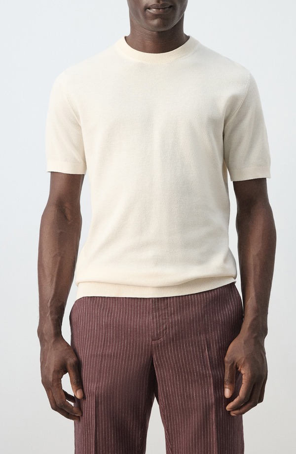 マンゴ メンズ トップス ティーシャツ 編み物 MANGO Fine Knit-Shirt Ivory White 白いこと