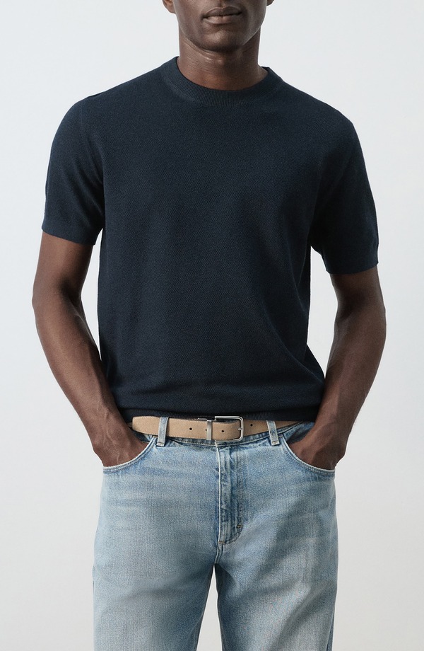マンゴ メンズ トップス ティーシャツ 編み物 MANGO Fine Knit-Shirt Navy 米国海軍