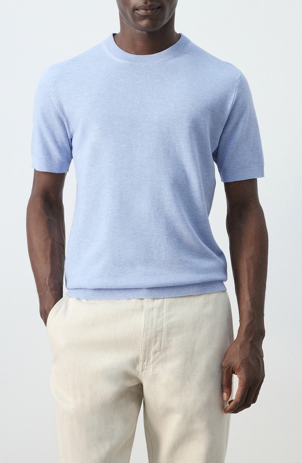 マンゴ メンズ トップス ティーシャツ 編み物 MANGO Fine Knit-Shirt Sky Blue 青碧