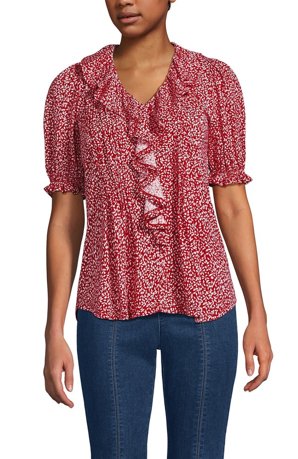 ランズエンド レディース トップス シャツ フリル Lands' End Puff Sleeve Slub Ruffle Pintuck Top Reditsy Floral レッド|ReVida 店