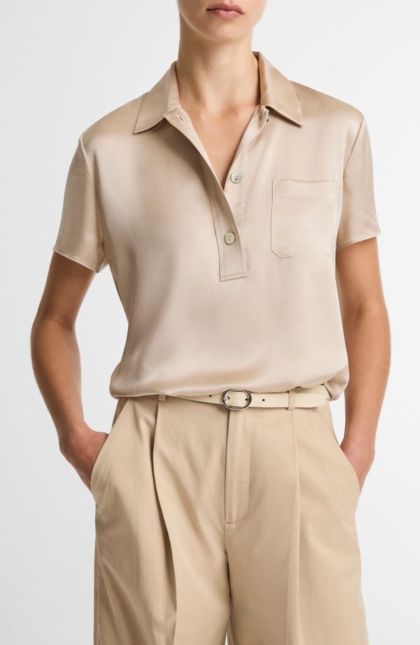 ヴィンス レディース トップス プルオーバー 繻子 地絹 Vince Silk Satin Polo Pumice Stone 石ころ