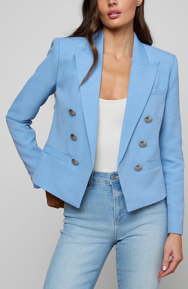 ラジャンス レディース アウター ジャケット・ブルゾン ブレザー L\'AGENCE Brooke Texture Double Breasted Crop Blazer Allure Blue/ Watercolor ブルー｜ReVida 店