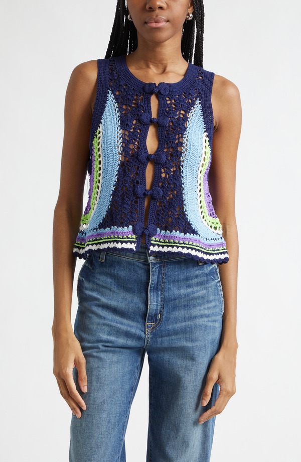 レイミー ブルック レディース トップス プルオーバー 限りない 綿織物 Ramy Brook Adriana Crop Cotton Crochet Vest Navy Multi Colorblock 米国海軍