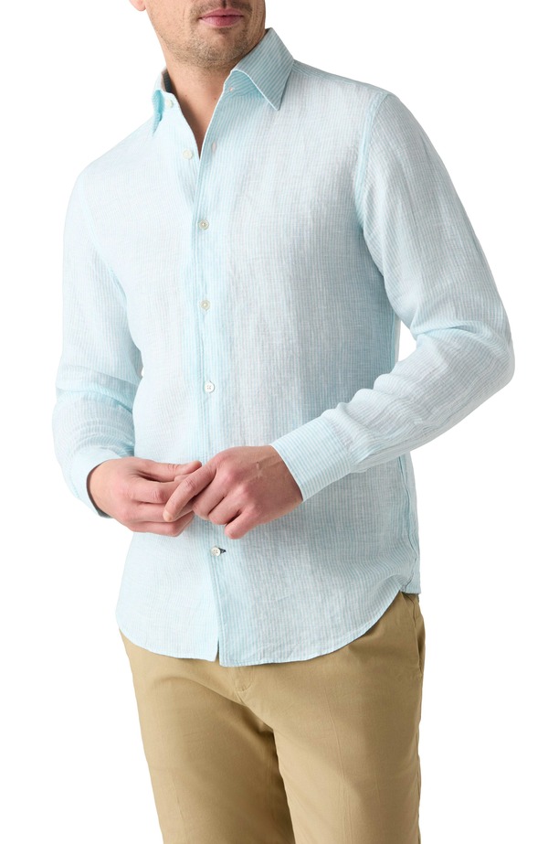 ロバート タルボット メンズ トップス プルオーバー リネン Robertalbott Morgan Medium Stripe Linen Shirt Aqua アクア