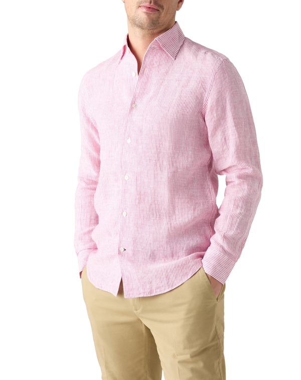 ロバート タルボット メンズ トップス プルオーバー リネン Robertalbott Morgan Medium Stripe Linen Shirt Magenta マゼンタ