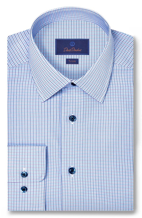 デイビッドドナヒュー メンズ トップス シャツ Davidonahue Trim Fit Micro Dobby Check Dresshirt Blue/ Berry ブルー｜ReVida 店