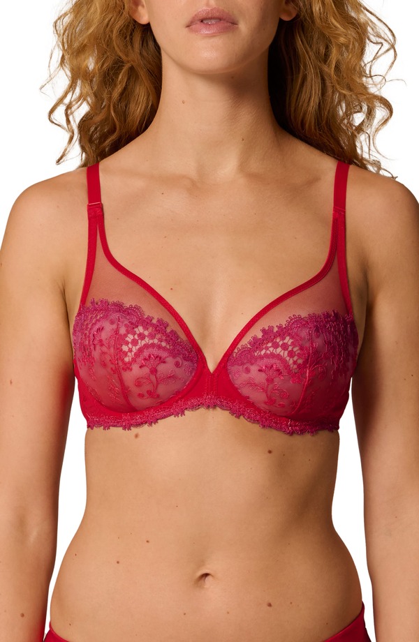 シモーヌペレール レディース アンダー御召しもの ブラ Simone Perele Wish Underwire Plunge Brainbow Red 赤いこと