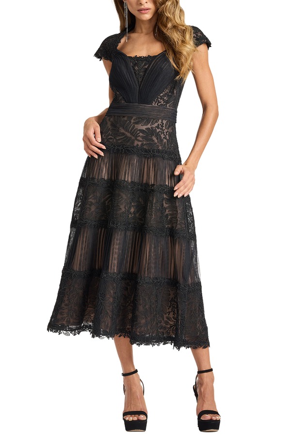タダシショージ レディース トップス 衣装 MIDI Tadashi Shoji Pintuck Pleat Embroidery Detail Cocktail Midi Dress Black/ Beige 黒いこと