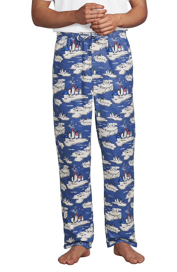 ランズ挙げ句のはて メンズ ボトムス 心地好いズボン下 Lands\u0027 End Flannel Pajama Pants Cobalt Blue Holiday Penguins 青碧