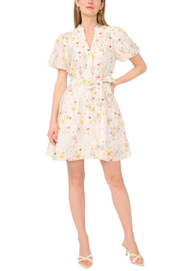 ヴィンスカムート レディース トップス ワンピース A ライン フラワー柄 フラワー Vince Camuto Floral Puff Sleeve A-Line Dress Ultra White ホワイト｜ReVida 店