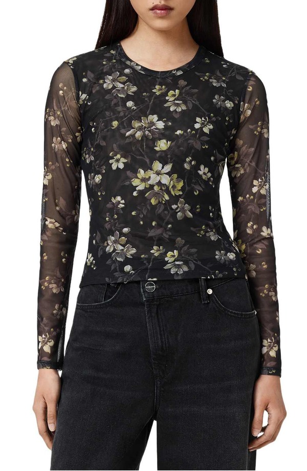 オールセインツ レディース トップス プルオーバー 御花柄 メッシュ 御花 AllSaints Ellie Floralong Sleeve Mesh T-Shirt Vine Black 黒いこと