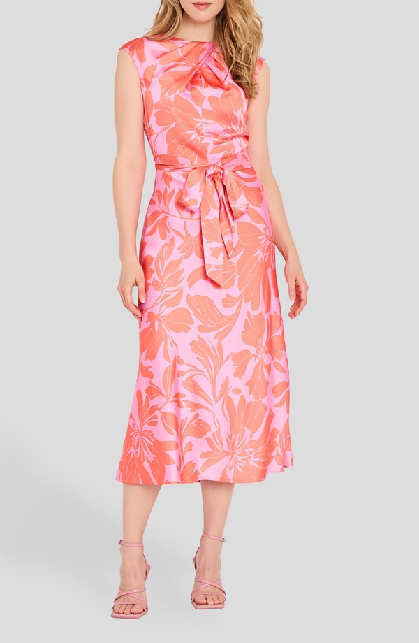 タハリエーエスエル レディース トップス 衣装 御花柄 MIDI ノースリーブ 御花 Tahari ASL Floral Cross Neck Sleeveless Midi Dress Guava Flamingo