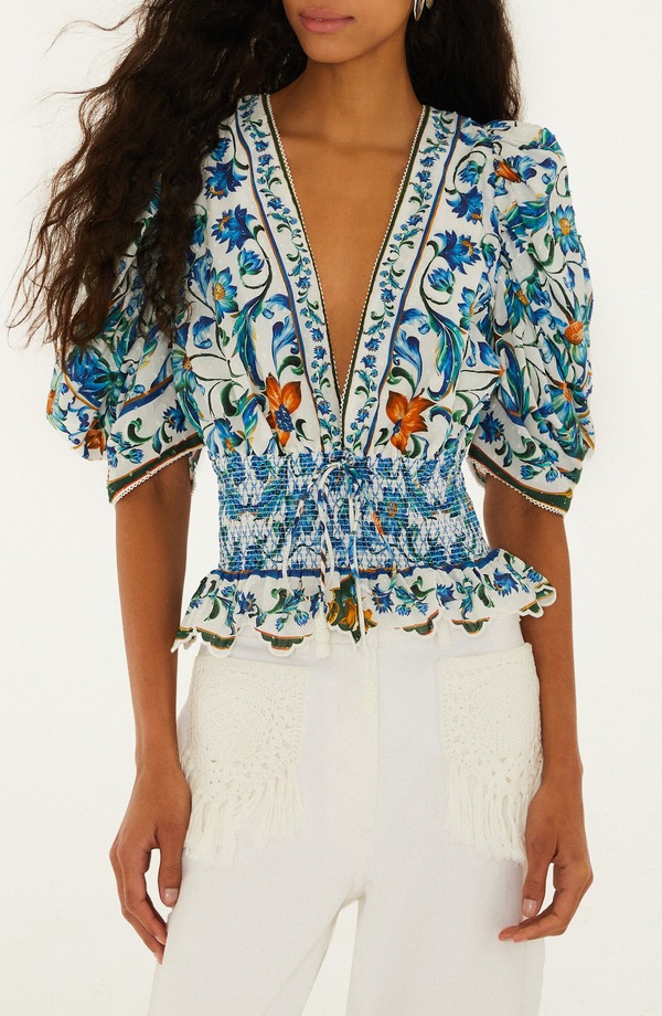 耕園 レディース トップス プルオーバー 御花柄 シャーリング 御花 FARM Rio Floral Plunge Neck Smocked Top Flora Tile Off-White 象牙色