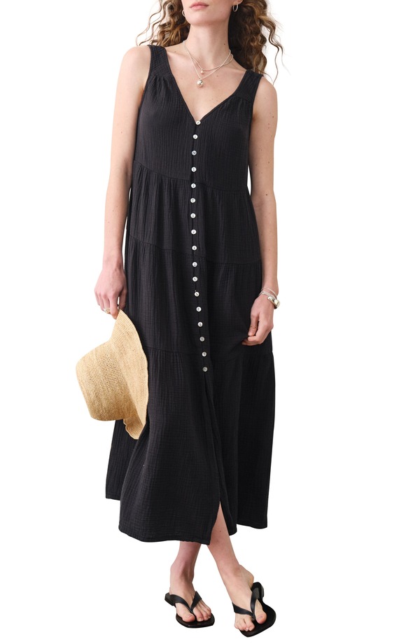 マリーン レイヤー レディース トップス ワンピース ティアード ノースリーブ コットン マキシ Marine Layer Corrine Texture Sleeveless Tiered Organicotton Maxi Dress Black ブラック|ReVida 店