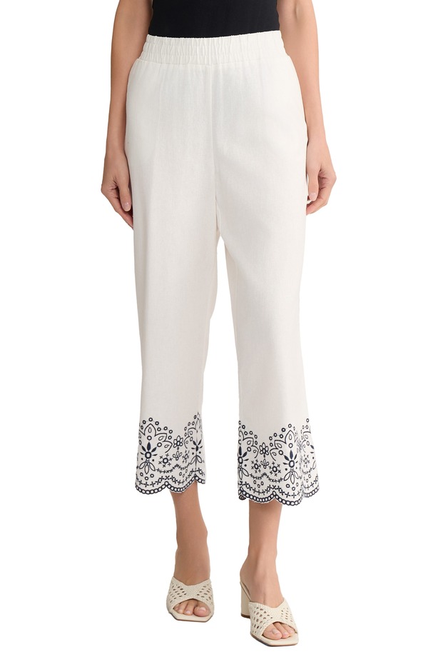 ジョーンズニューヨーク州 レディース ボトムス レギンス ズボン下 刺しゅう リネン Jones New York Embroidered Hem Linen Blend Cropants Natural White/ Pacific Navy 白いこと