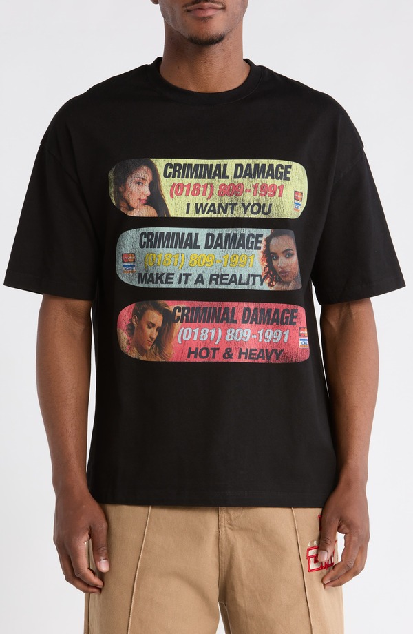 クリミナルダメージ メンズ トップス ティーシャツ 労働者の一団のど首 CRIMINAL DAMAGE Hotline Reality Crewneck T-Shirt Black 黒いこと