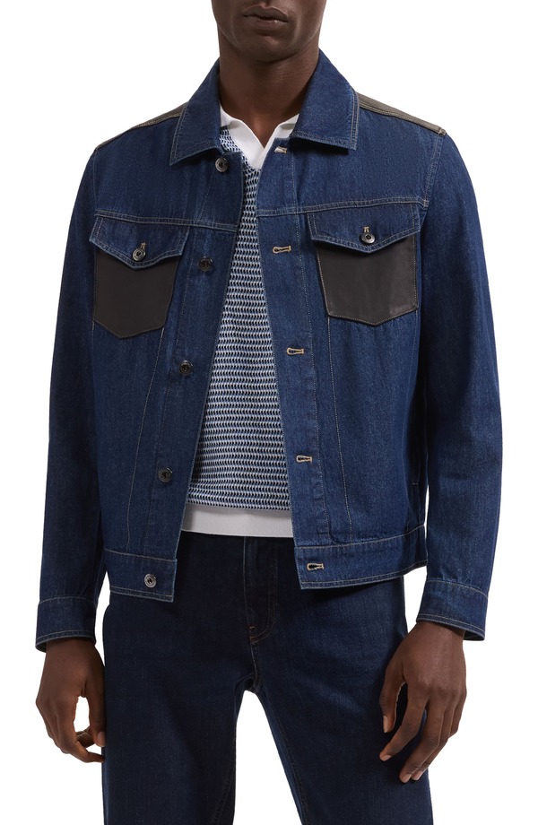 ブガッチ メンズ アウター ジャケット・ブルゾン デニム レザー Bugatchi Leather Trim Denim Trucker Jacket Navy ネイビー|ReVida 店