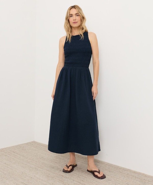 パクト レディース トップス ワンピース シャーリング コットン Pact Organicotton Coastal Double Gauze Smockedress Navy Blue ネイビー|ReVida 店
