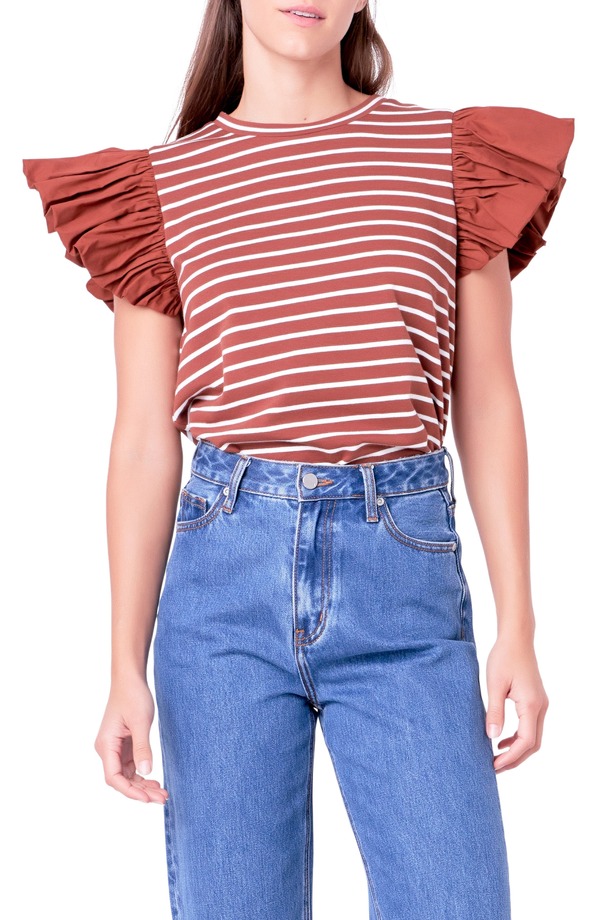 イングリッシュファクトリー レディース トップス シャツ フリル English Factory Mixed Media Stripe Ruffle Sleeve Top Brown/ White ホワイト|ReVida 店