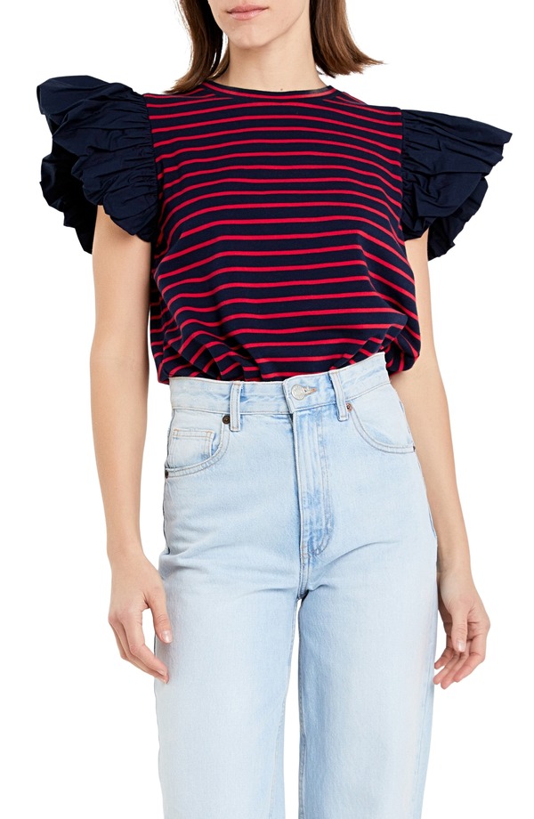 イングリッシュファクトリー レディース トップス シャツ フリル English Factory Mixed Media Stripe Ruffle Sleeve Top Navy/ Red ネイビー｜ReVida 店