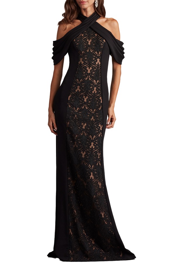 タダシショージ レディース トップス 衣装 スピード競技 Tadashi Shoji Lace Inset Cold-Shoulder Gown Black/ Nude 黒いこと