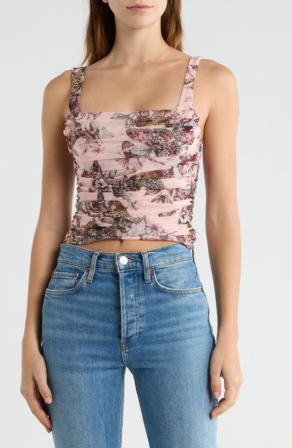 ラジャンス レディース トップス プルオーバー 刷り上げる L\u0027AGENCE Rasha Butterfly \u0026 Jungle Print Shirred Tank Top Light Nectar Pink Butterfly サクラ色