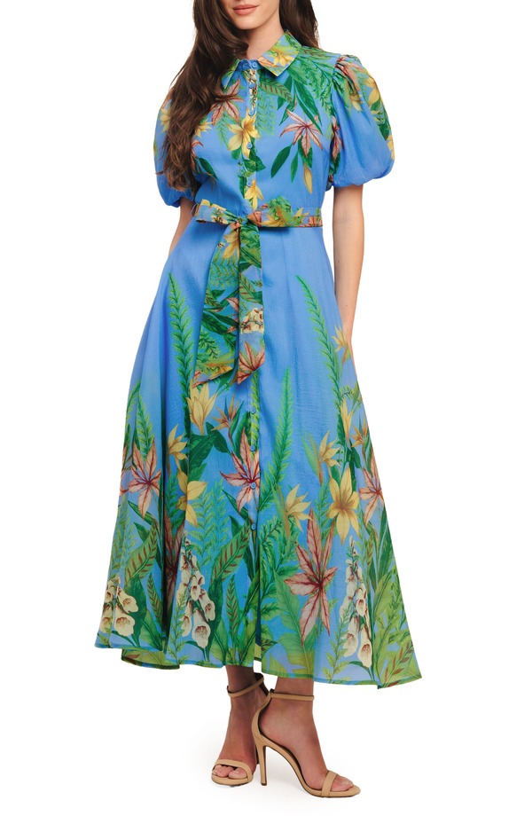 フライング赤茄子 レディース トップス 衣装 御花柄 midi プルオーバー 御花 FLYING TOMATO Floral Midi Shirtdress Blue 青み