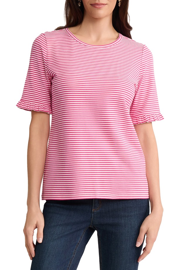 ジョーンズニューヨーク レディース トップス シャツ フリル Jones New York Rufflelbow Sleeve T-Shirt Dutch Pink / Natural White ホワイト|ReVida 店