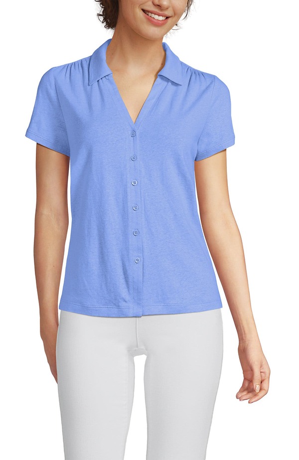 ランズエンド レディース トップス シャツ プラスサイズ リネン Lands' End Plusize Linen Blend Short Sleeve Button Front Polo Top Clear Blue Sky ブルー｜ReVida 店