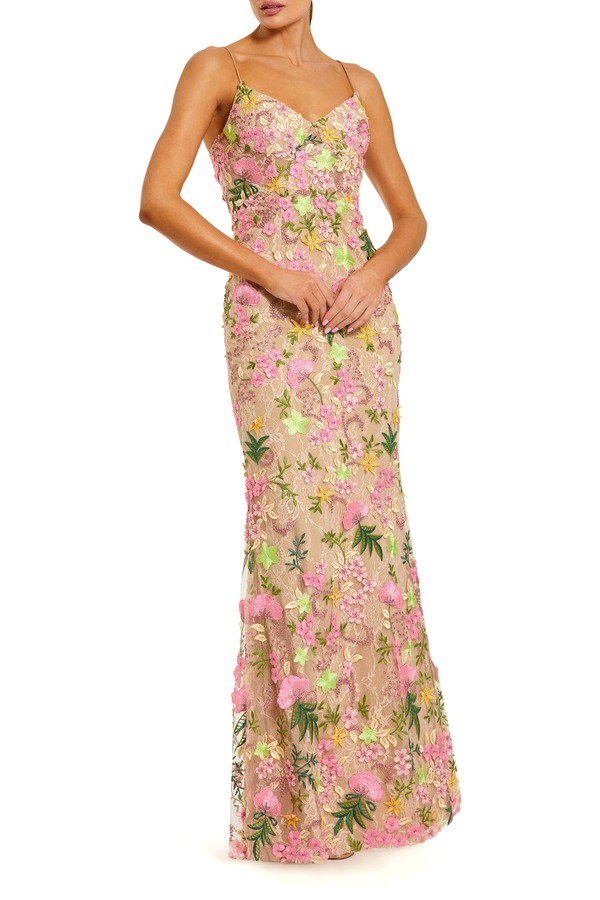 マックダガル レディース トップス 衣裳 御花柄 ノースリーブ 刺しゅう 御花 Mac Duggal Floral Embroidered Sleeveless Column Gownude Multi マルチ色つや