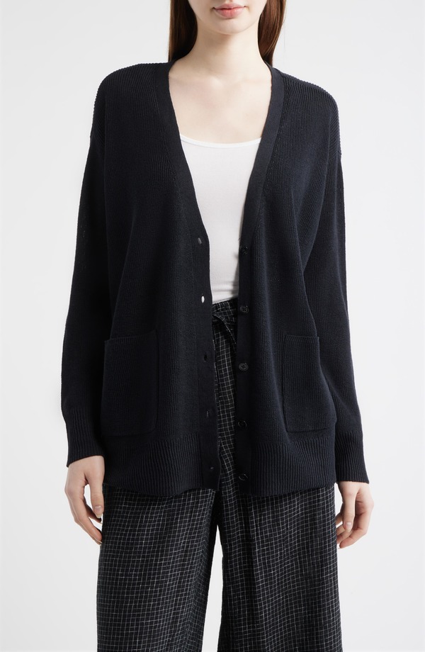 エイリーンフィッシャー レディース アウター ジレー 綿織物 リネン Eileen Fisher Organic Linen \u0026 Organicotton Cardigan Black 黒いこと