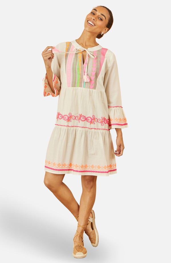 ユミキム レディース ボトムス 心地よいズボン下 綿織物 刺しゅう Yumi Embroidered Cotton Tunic Dress Beige ベージュ