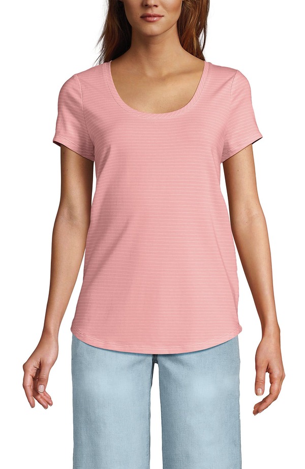 ランズエンド レディース トップス シャツ ジャージー Lands' End Lightweight Jersey T-shirt Sunset Coral Pink Thin Stripe ピンク|ReVida 店