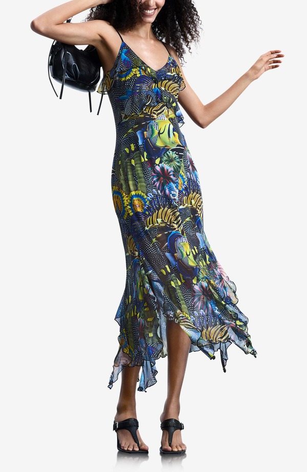 デジグアル レディース トップス 衣裳 刷り上げる フラウンス MIDI ノースリーブ Desigual Print Ruffle Sleeveless Midi Dress Black 黒いこと