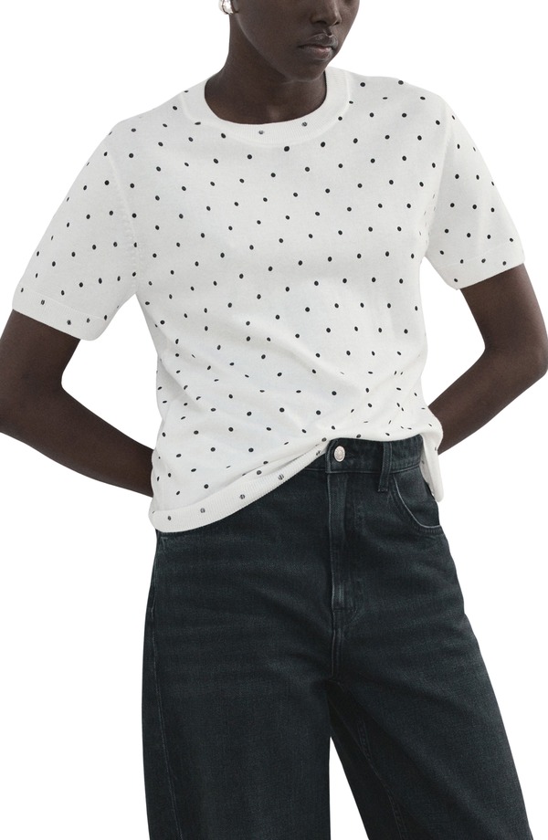マンゴ レディース アウター パーカー・スウェット ドット柄 ドット セーター MANGO Polka Dot Short Sleeve Sweater Off White オフホワイト｜ReVida 店 12,145円