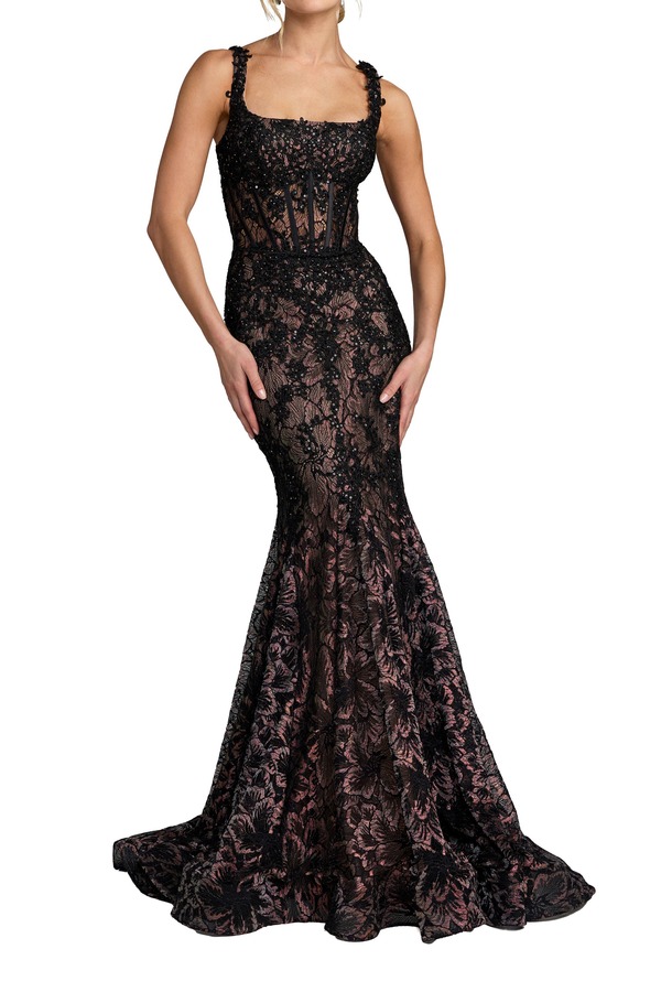 マックダガル レディース トップス 衣裳 メッシュ ノースリーブ Mac Duggal Embellished Mesh Sleeveless Trumpet Gown Black 黒いこと