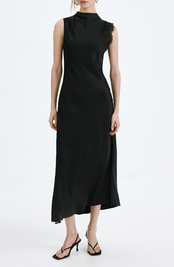 マンゴ レディース トップス 衣装 繻子 ノースリーブ スピード競技 マキシ MANGO Lace Sleevelessatin Maxi Dress Black 黒いこと